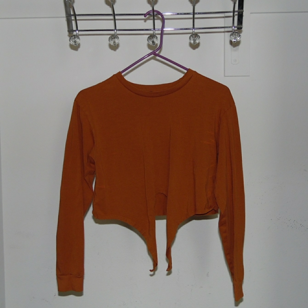 USED Forever 21:Brown Orange Midsleeve Crop Shirt